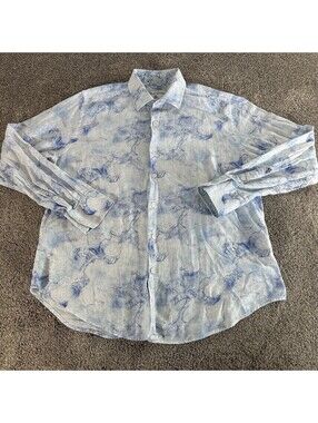 Robert Graham Button Up Shirt Men's Large L Classic Fit Blue Linen Blend